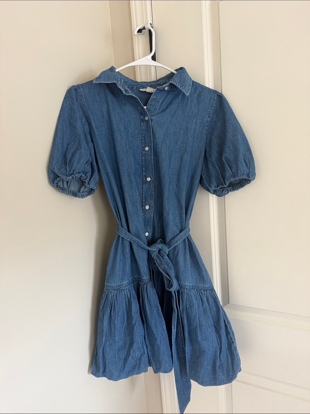 Blue Denim Shirt Dress with Puff Sleeves